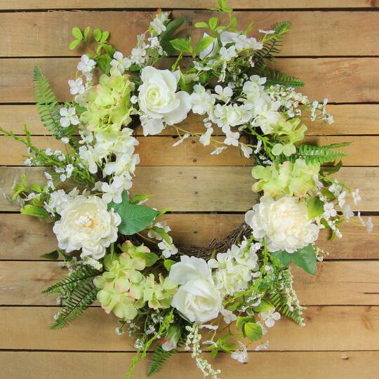 24" White & Green Peony & Rose Artificial Floral Spring Wreath